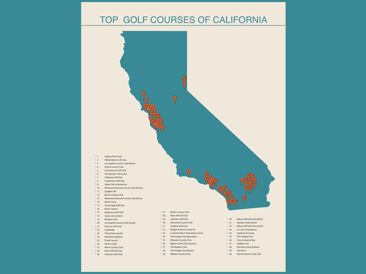 Top Golf Courses of California Checklist Map - Golf Art