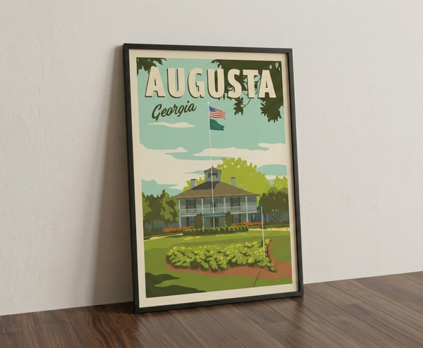 Augusta clubhouse golf print framed on wooden floor