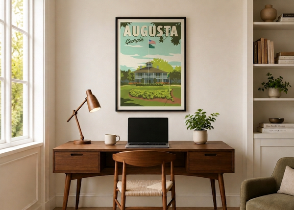 Augusta clubhouse golf print framed on home office wall