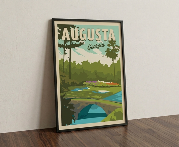 Augusta golf print framed on wooden floor