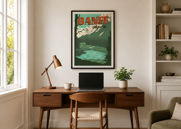 Banff golf print framed on home office wall