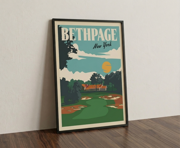 Bethpage golf print framed on wooden floor