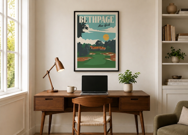 Bethpage golf print framed on home office wall