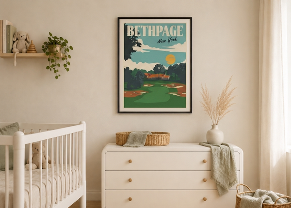 Bethpage golf print framed on nursery wall