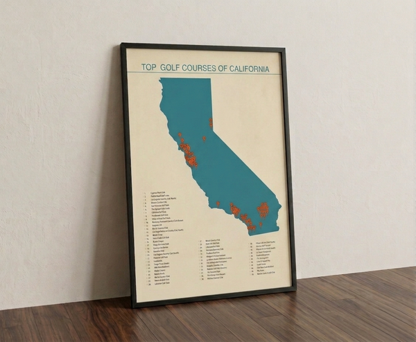 Top golf courses of California print framed on a wooden floor