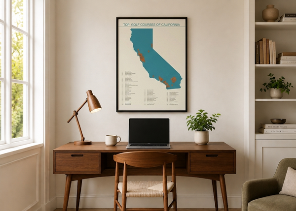 Top golf courses of California print framed on a home office wall