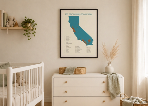 Top golf courses of California print framed on a nursery wall