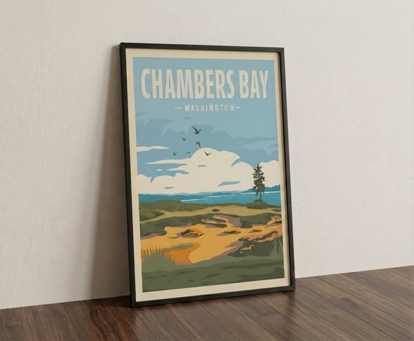 Chambers Bay golf print framed on wooden floor