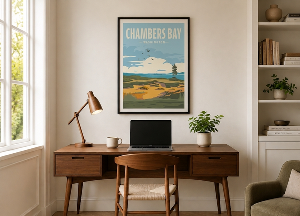 Chambers Bay golf print framed on office wall