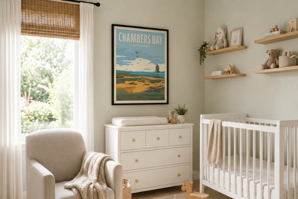 Chambers Bay golf print framed on nursery wall