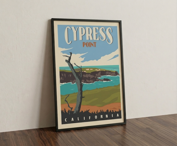 Cypress Point golf print framed on a wooden floor