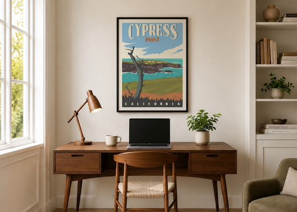 Cypress Point golf print framed on a home office wall