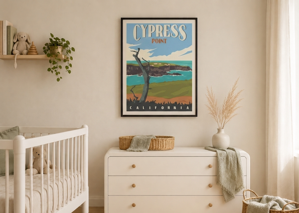 Cypress Point golf print framed on a nursery wall