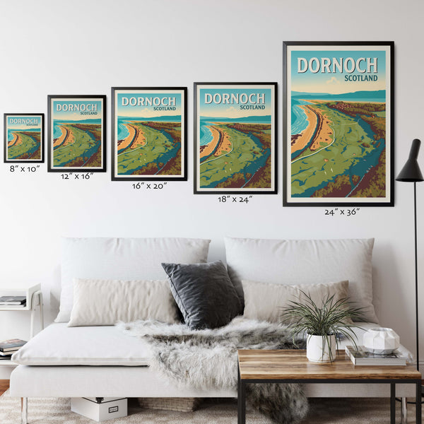 Dornoch, Scotland travel style poster golf print comparison chart