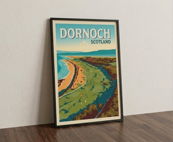 Dornoch golf print framed on a wooden floor