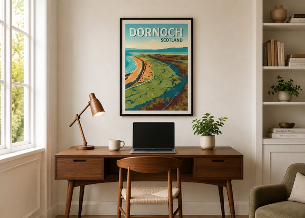 Dornoch golf print framed on a home office wall