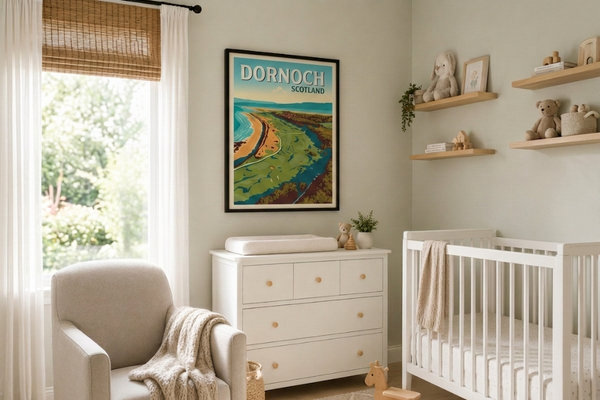 Dornoch golf print framed on a nursery wall