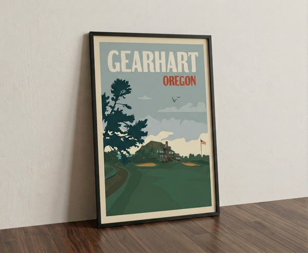 Gearhart golf print framed on a wooden floor