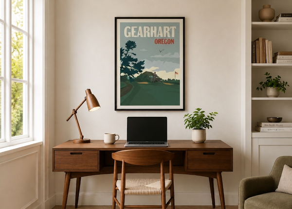Gearhart golf print framed on a home office wall