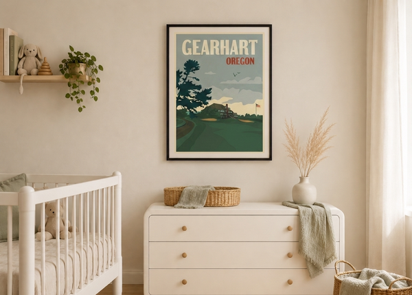 Gearhart golf print framed on a nursery wall
