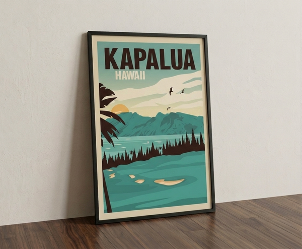 Kapalua golf print framed on a wooden floor