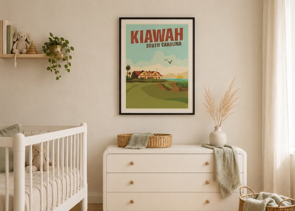 Nursery room with a crib, dresser, and framed Kiawah South Carolina poster on the wall.
