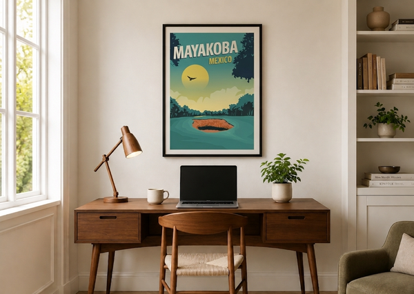 Mayakoba golf print framed on a home office wall