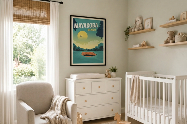 Mayakoba golf print framed on a nursery wall