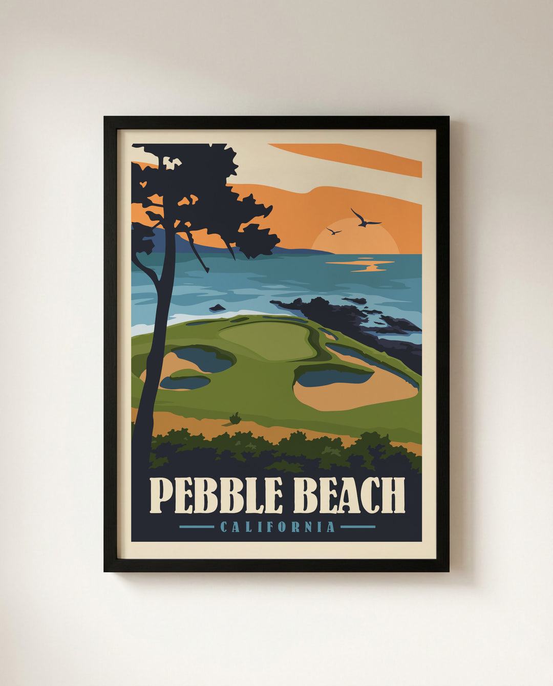 Framed Minimalist Pebble Beach golf poster — 18th hole and Pacific coastline

