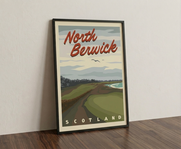 North Berwick golf print framed on a wooden floor