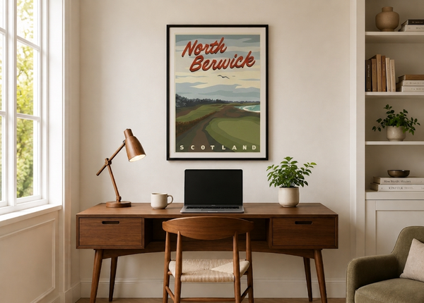 North Berwick golf print framed on a home office wall