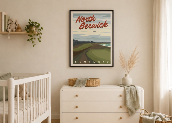 North Berwick golf print framed on a  nursery wall