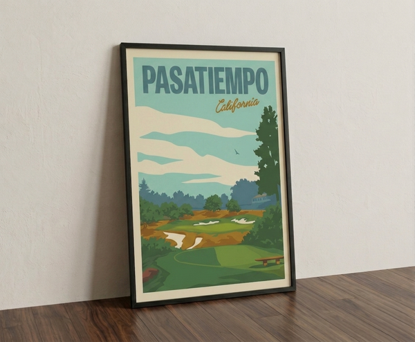Pasatiempo golf print framed on a wooden floor