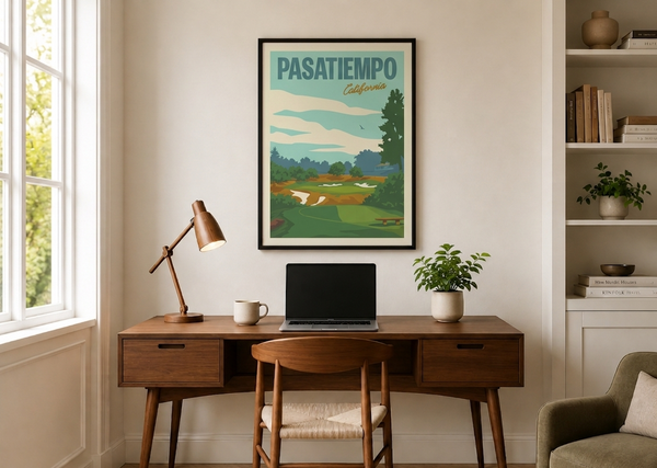 Pasatiempo golf print framed on a home office wall