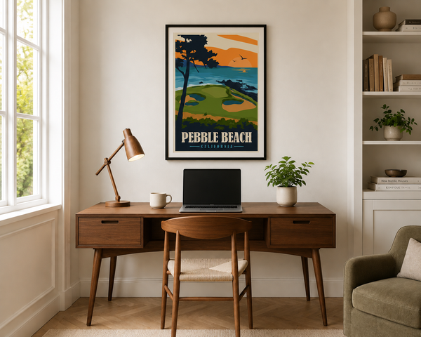 Pebble Beach golf print framed on a home office wall