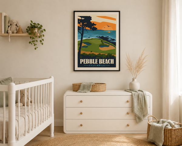 Pebble Beach golf print framed on a nursery wall