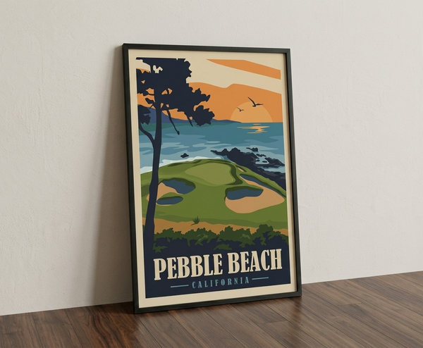 Pebble Beach golf print framed on a wooden floor