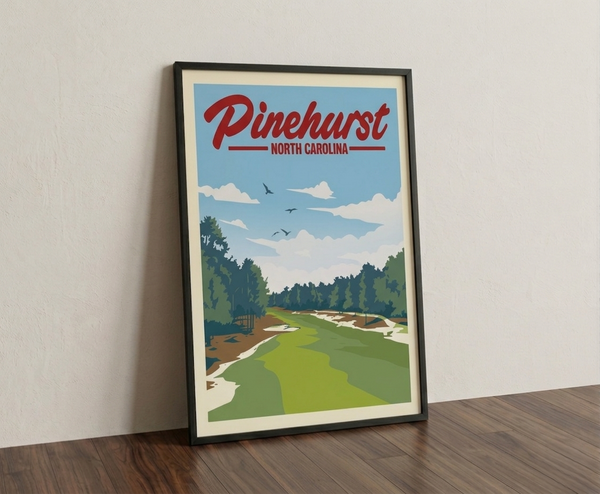Pinehurst golf print framed on a wooden floor