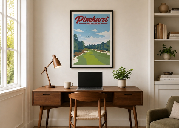 Pinehurst golf print framed on a home office wall