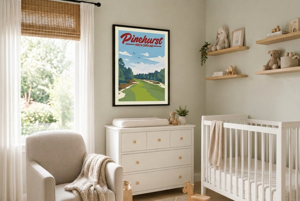 Pinehurst golf print framed on a nursery wall