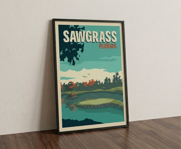 Sawgrass golf print framed on a wooden floor