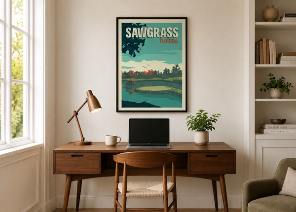 Sawgrass golf print framed on a home office wall