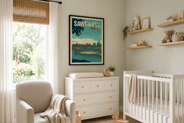 Sawgrass golf print framed on a nursery wall