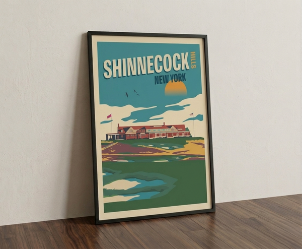 Shinnecock golf print framed on a wooden floor