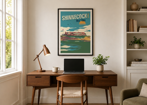 Shinnecock golf print framed on a home office wall
