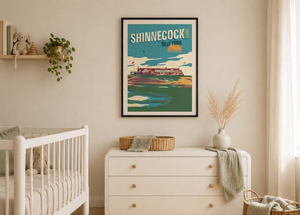 Shinnecock golf print framed on a nursery wall
