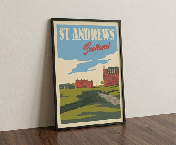 St Andrews golf print framed on a wooden floor