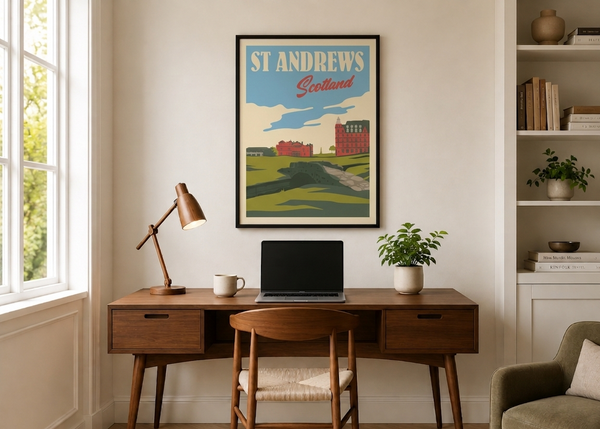 St Andrews golf print framed on a home office wall