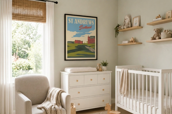 St Andrews golf print framed on a nursery wall
