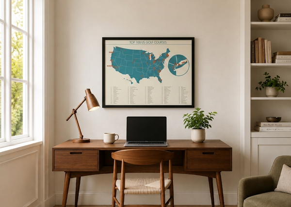 Top 100 US golf courses print framed on a home office wall